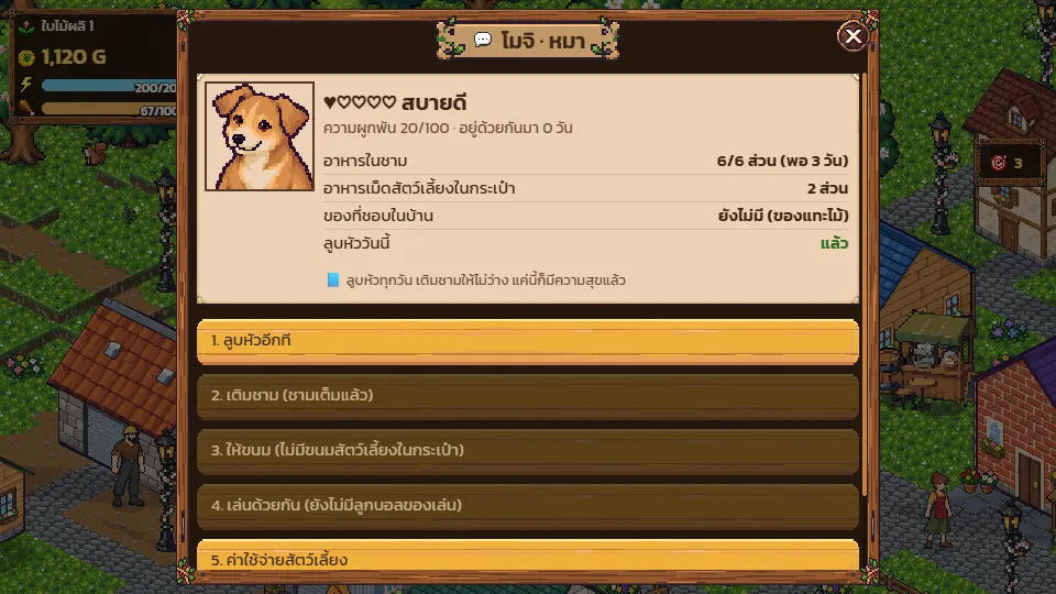 หน้าต่างสัตว์เลี้ยง สุนัขชื่อโมจิ บอกอาหารในชามและปุ่มลูบหัว