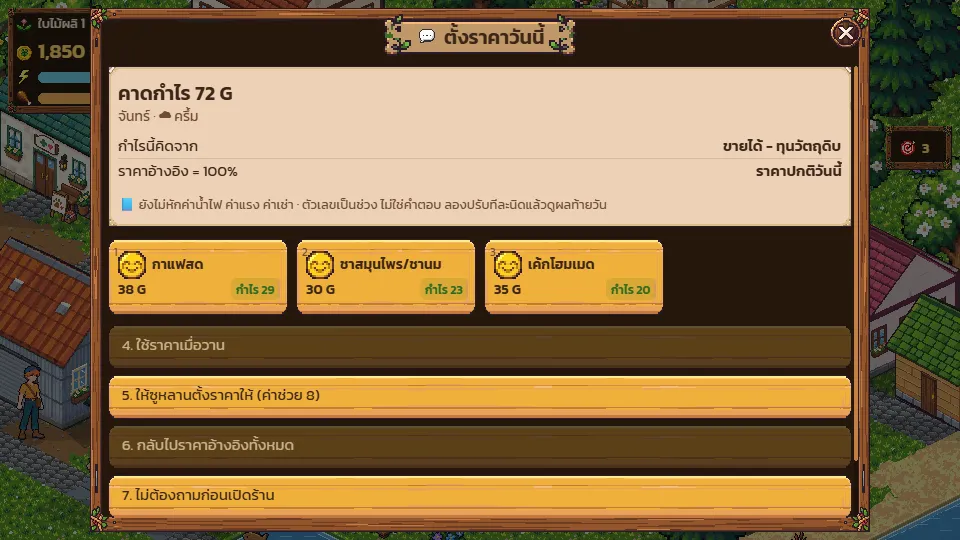 หน้าต่างตั้งราคาวันนี้ของร้านกาแฟ บอกกำไรที่คาดไว้และราคาสินค้าแต่ละอย่าง